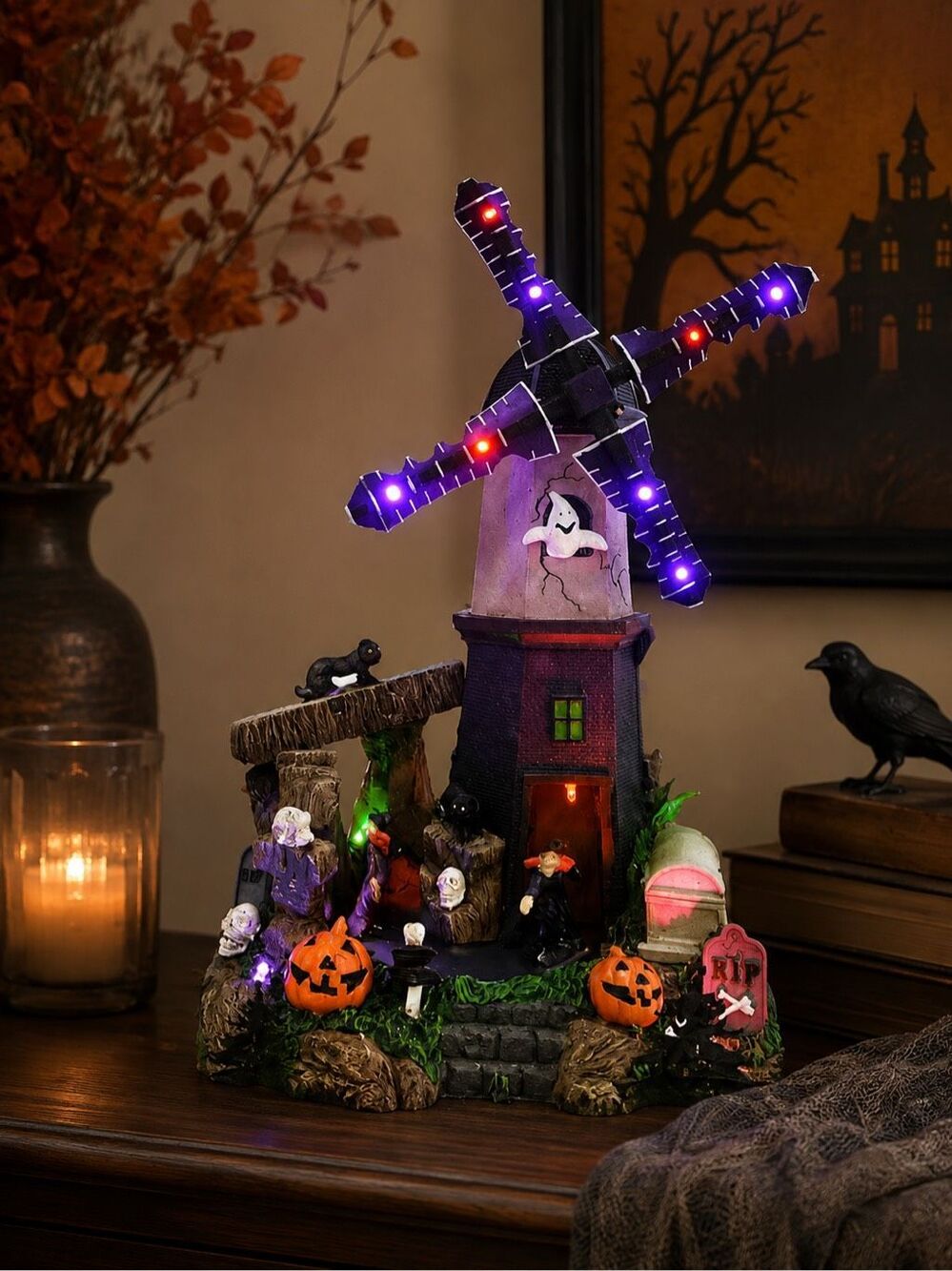 Halloween Village Accessory -Crosslight Halloween ~Animated Haunted Windmill-NEW